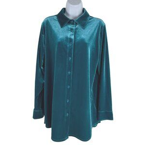 Soft Surroundings Velvet Boyfriend Tunic Shirt Medium Teal Long Sleeve TP-3581